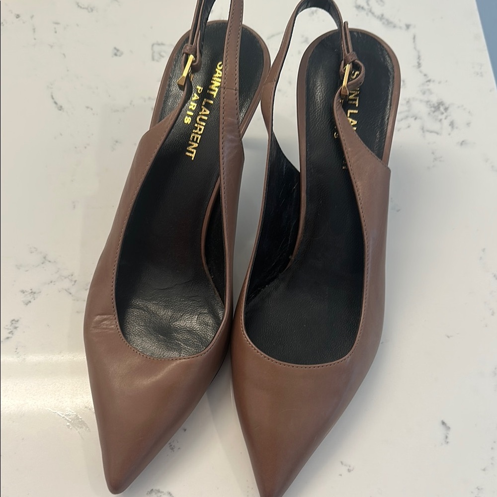 Saint Laurent Brown Leather Slingback Heels
